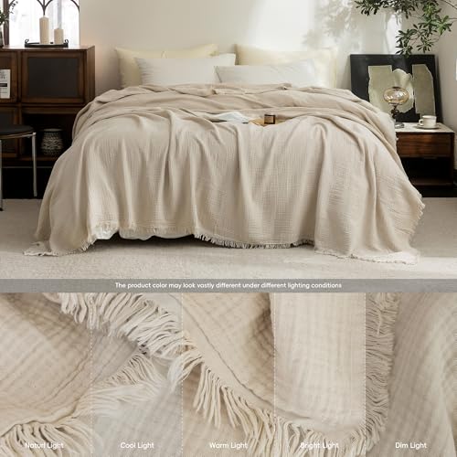 FOSSA Muslin Blanket with Fringe - 4-Layer 100% Cotton Gauze Super Soft & Breathable Throw -Lightweight Decorative Cooling Blanket for Bed, Sofa, Office -Throw XL Size 50" × 70" (Beige) - color: Beige, size: Throw XL (50" × 70")