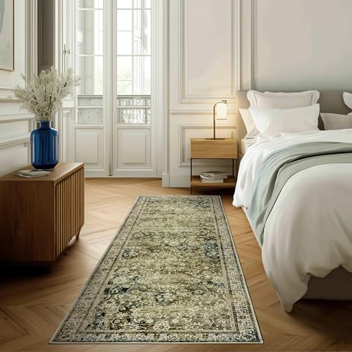 Boho Washable Runner Rug for Kitchen,Non Slip Rubber Backing Non Skid Oriental Floral Vintage Long Carpet Runners for Hallway Entryway Indoor Doormat Bedroom,2x6 6ft,Moss Olive Green Beige - color: Olive&tan, size: 2' x 6' (Rectangular)