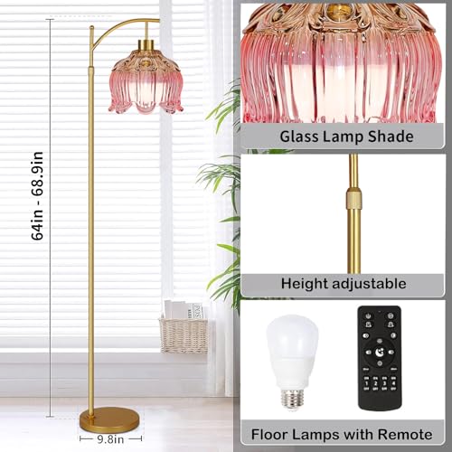 QIYIZM Pink Floor Lamp for Living Room,Bedroom,Glass Gold Dimmable Standing Lamp with Remote,Mid Century Modern Brass Tall Lamp Boho Floor Lamps Arc Stained Tulip Flower Floor Light Lamp Bohemian - size: 30-Floor Lamp