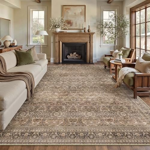 HUGEAR Area Rug 8x10 Vintage Brown Machine Washable Living Room Rugs Distressed Retro Floral Vacuumable Low Pile Carpet Bedroom Office Dining Room Laundry Room Non Slip Soft Lightweight - color: Retro | Brown, size: 8' x 10' (Rectangular)