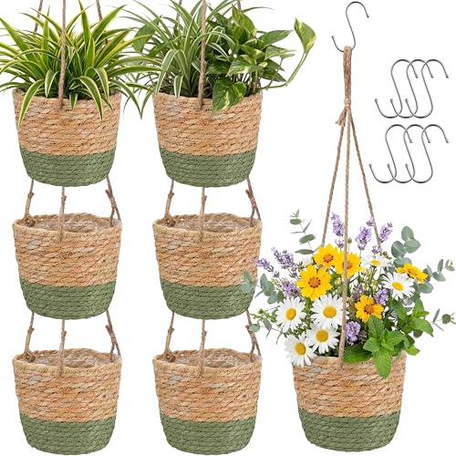 6 Pcs Seagrass Hanging Planter Basket Hand Woven Plant Basket with Plastic Liners Hanging Plant Holder Storage Containers with Cotton Rope for Indoor Garden Decor (Small,Brown,Green) - color: Brown, Green, size: Small