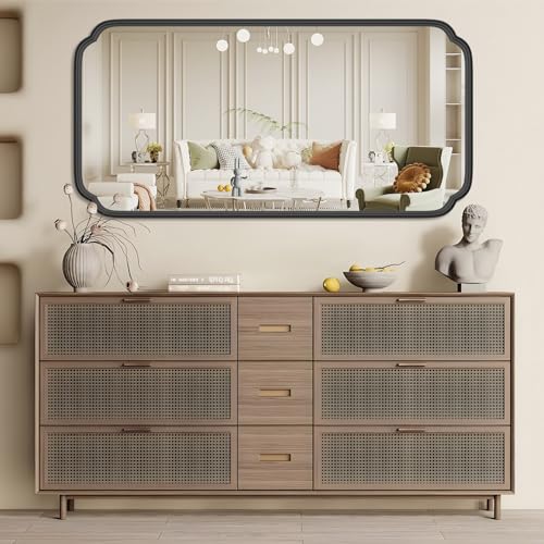 Ferytange 48 x 24 Inch Black Bathroom Vanity Mirror for Wall with Metal Frame Modern Rectangle Rounded Corner Wall Decor Mirror for Big Bathroom Over Sink (Horizontal/Vertical) - color: Black, size: 48"L x 24"W
