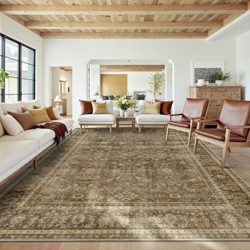 HelloTree Washable Rugs 8x10 Area Rug for Living Room, Vintage Boho Brown Rug Non Slip Carpet Retro Accent Indoor Mat Print Distressed Low Pile Throw Large Rug for Office Dining Room Bedside-Brown - color: Brown, size: 8' x 10' (Rectangular)