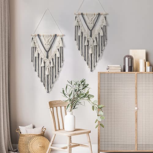 Dremisland Macrame Woven Wall Hanging Boho Geometric Woven Tapestry Beige & Grey Cotton Handmade Bohemian Art Decor with Tassel Craft Ornament for Bedroom Living Room Apartment Nursery (Grey) - color: Grey