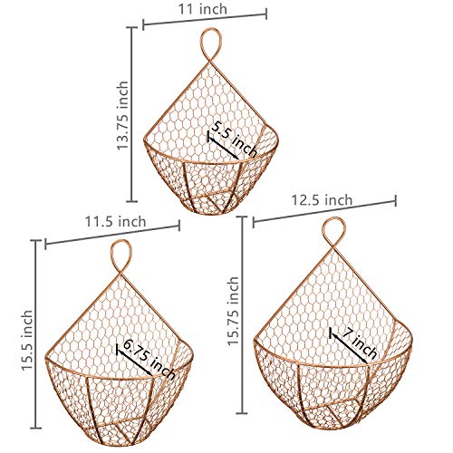 MyGift Set of 3, Farmhouse Copper Metal Wire Mesh Wall Hanging Baskets, Wall-Mounted Storage Basket, Decorative Kitchen Fruit Wall Basket Produce Holder