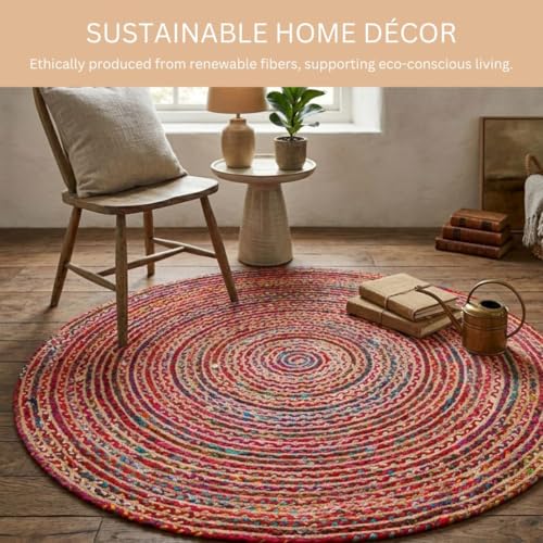 WeWove Hand Woven Area Rug 8 Feet Round - Jute Cotton Area Rug Rustic Farmhouse Boho Accent Rug for Living Room Bedroom Kitchen Dorm Entryway Hallway - Handcrafted Floor Rug - size: 8' (Round)