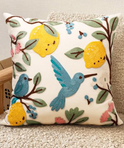 Embroidered Throw Pillow Cover 20x20 Inch - Spring Summer Boho Decorative Pillow Cover with Zipper for Living Room Couch Sofa Bed Aesthetic Design Bird Lemon Cushion Pillowcase - color: Bird Lemon, size: 20" x 20" (Pack of 1)