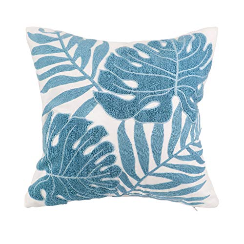 Embroidery Throw Pillow Cover 18x18 Light Blue Tropical Leaf Home Décor Turquoise Cushion Cover for Couch 45x45 100% Cotton Floor Pillowcase Teal Plant Monstera Leaf Loop, 1 Piece - color: Light Blue Monstera Leaves