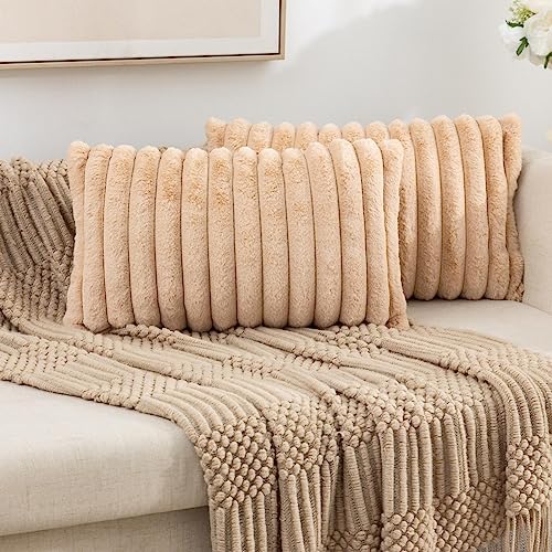 ZLINA Set of 2 Apricot Faux Fur Decorative Throw Pillow Covers Fluffy Striped Pillowcase Cushion Covers 12 x 20 Inch Decor Sofa Couch Bedroom - color: Apricot, size: 20" x 12" (Pack of 2)