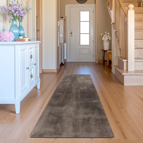 jinchan Solid Plush Runner Rug 2x6 Performance Shaggy Washable Hallway Rug Soft Modern Faux Wool Cozy Non Slip Carpet for Bedroom Laundry Room Living Room Kids Nursery Brown - color: Solid Brown, size: 2' x 6' (Runner)