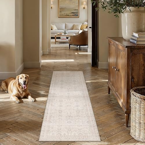 2x6 Washable Neutral Hallway Runner Rug Kitchen Beige Modern Low Pile Non Slip Area Rug Soft Floral Stain Resistant Carpet Distressed Door Mat Entryway Bedroom Living Room Indoor Stair - color: Accent | Beige Multi, size: 2'x6'
