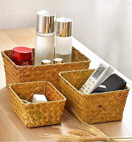 DOKOT Small Woven Wicker Open Storage, Rectangular Handmade Seagrass Baskets for Home, Bathroom Organization（Set of 3）