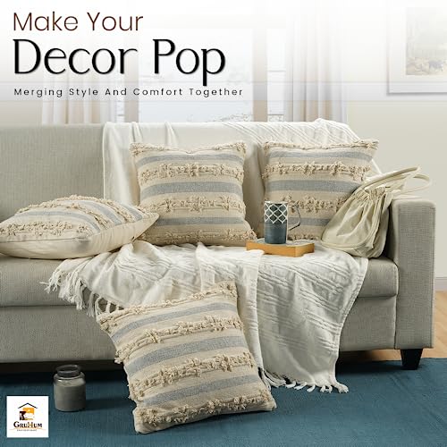 GRUHUM Handmade Boho Throw Pillow Covers Bohemian Chic Farmhouse Style, Accent Woven Indoor & Outdoor Pillow Cushion Cases for Couch, Bed, Chair, Sofa, Bench, Home Decor – Set of 2, 18"x18" - Cream