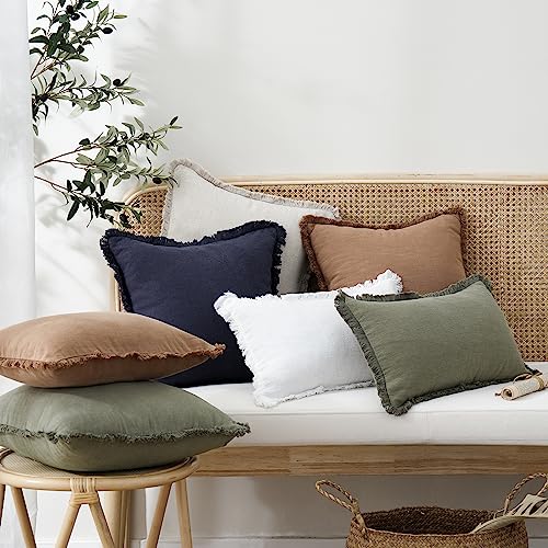 Foindtower Set of 2 Decorative Linen Fringe Lumbar Throw Pillow Covers Boho Farmhouse Cushion Cover with Tassels Soft Accent Pillowcase for Couch Sofa Bed Living Room Home Decor,12×20 Inch,Olive Green - color: Olive Green, size: 20" x 12" (Pack of 2)