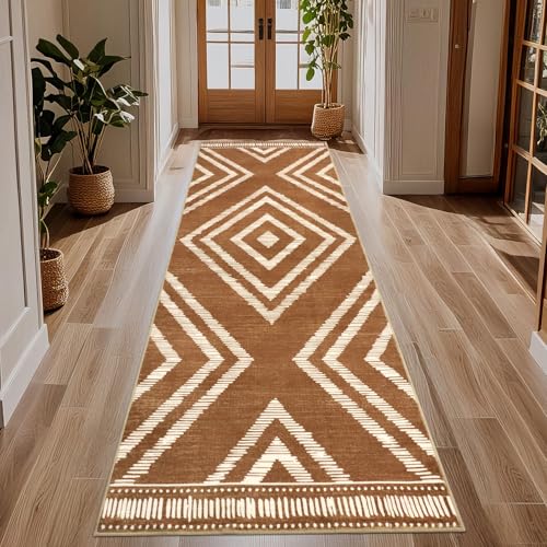 Boho Runner Rugs for Hallway 2.6x8Ft Non Slip, Brown Washable Kitchen Rug with Rubber Backing, Soft Moroccan Farmhouse Entryway Runner, Low Pile Geometric Floor Carpet for Bedroom Home Decor - color: Brown, size: 2'8" x 8' (Rectangular)