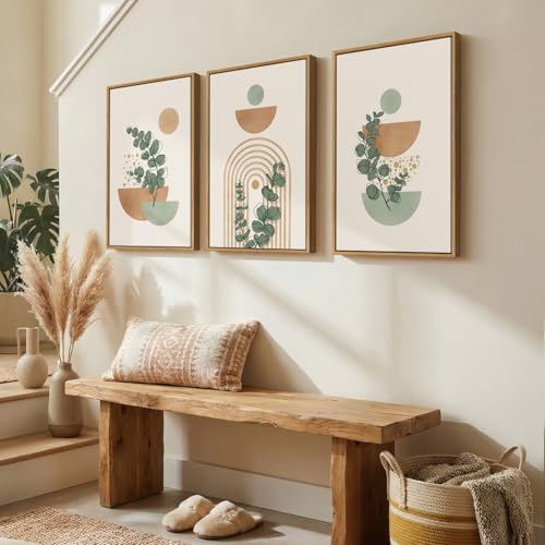 Framed Abstract Boho Wall Art for Living Room, Large Botanical Sage Green Plant Canvas Artwork for Walls, Minimalist Neutral Geometric Line Prints Paintings for Bedroom Hallway 16x24 Inch - color: Orange and Green, size: 24" H x 16" W x 3Pcs