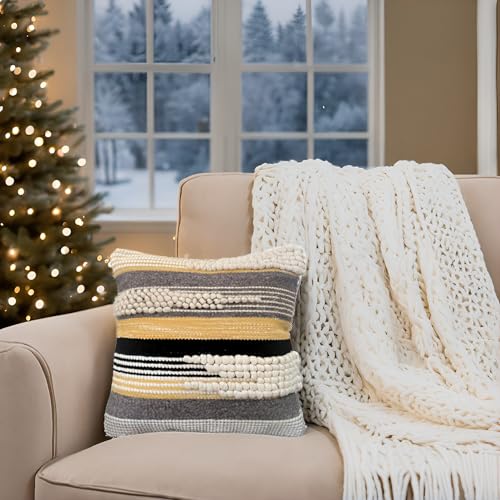 Decorative Boho-Chic Textured Square Pillow Cover 18" x18” Handwoven Throw Pillows for Couch, Sofa or Bed with Tufted Accents Wool/Cotton, Neutral Farmhouse Home Decor Black/Yellow - color: Black/Grey