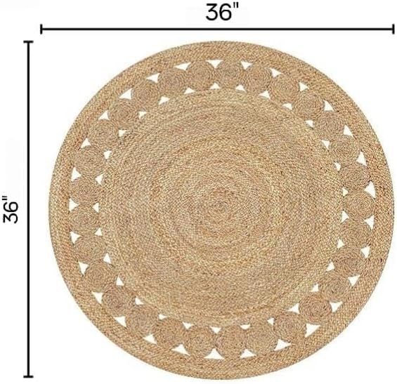 KEMA Jute Area Rug 3ft Round Natual Braided Dot Handwoven Rug Rustic Vintage Reversible Boho Area Rugs for Farmhouse, Living Room, Bedroom, Patio, Kitchen