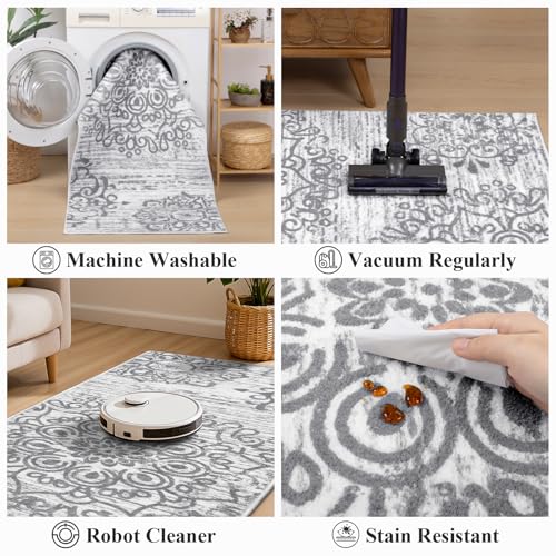 HEBE Hallway Runner Rug 2'x6' Washable Vintage Kitchen Rugs Non Slip Laundry Rug Runner Distressed Boho Floor Carpet Runners for Hallways Entryway Laundry Room Kitchen Bathroom - color: Grey, size: 2' x 6' (Rectangular)