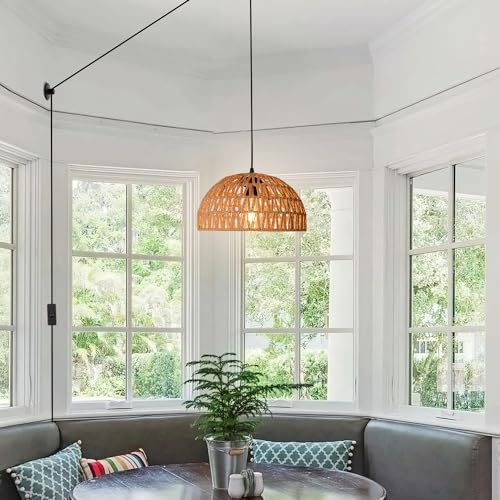 HuisMier Rattan Hanging Lamp Plug in Pendant Light with 15 Ft Plug in Cord, Wicker Woven Basket Lampshade Hanging Light with Dimmable Switch, Boho Plug in Pendant Light for Kitchen Farmhouse Bedroom - color: Rattan Natural