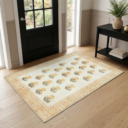 Beige Brown Washable Entry Rug 2x3 Small Rugs- Front Door Throw Rugs Indoor, Non-Slip Bathroom Mat, Vintage Floral Thin Rug Stain Resistance for Kitchen, Laundry, Boho Entryway Décor - color: Beige/Brown/Yellow, size: 2' x 3' (Rectangular)