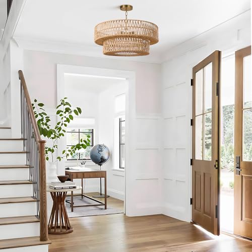 21.6 Inch Boho Rattan Chandelier, 5-Lights Hand Woven Bohemian Chandeliers with 2-Tier Drum Wicker Shade, Modern Farmhouse Large Pendant Light Fixture for Dining Room Living Entryway Bedroom - color: Gold Metal, size: 21.6 Inch