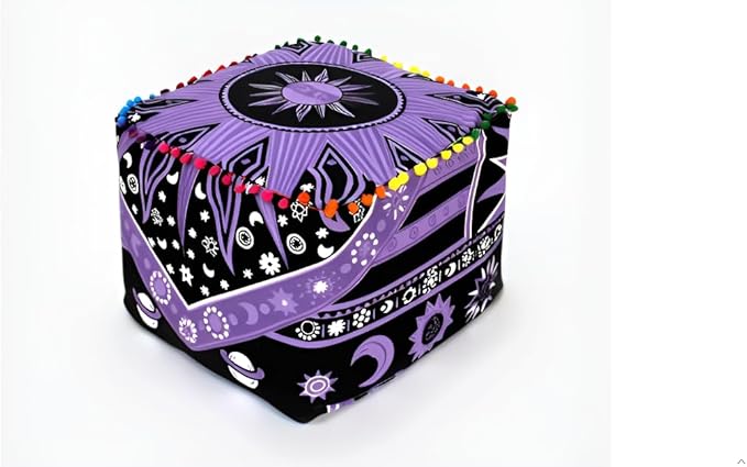 CRAFT KALA Large Hippie Mandala Meditation Floor Ottoman Pillow Cushion Pouf Cover Square Poufs Cover Bohemian Circle Floor Cushion Cover Outdoor Living Room Decor 18X18X14 inches, Purple Burning Sun