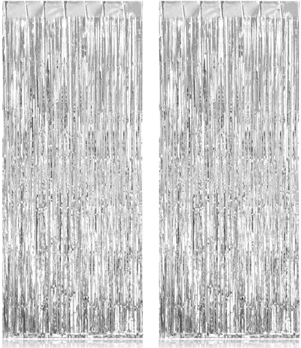 2 Pack Fringe Curtains Backdrops, Foil Fringe Curtains, Door Streamers for Birthday Wedding Bridal Shower Holiday Graduation Party Decorations, Photo Booth Backdrops, Silver - color: Silver