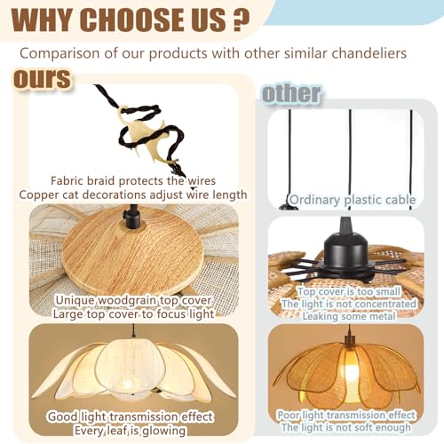 Boho Light Fixture, 30" Hand Woven Rattan Chandelier, Boho Chandelier with Brass Cat Hook for Dining Room, Living Room, Kitchen, Bedroom and Restaurant - size: 30in