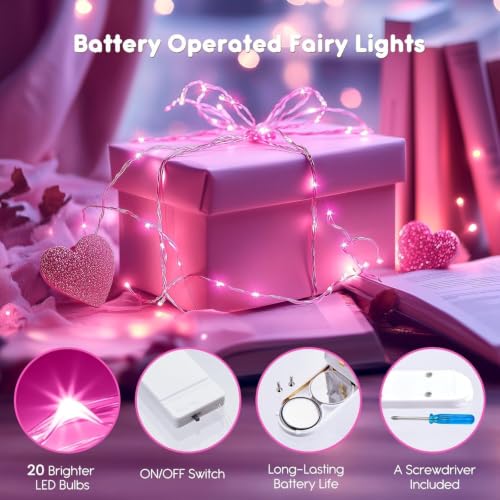 Brightown Valentine's Day 12 Pack Pink Led Fairy Lights Battery Operated String Lights Waterproof Silver Wire 7 Feet 20 Led Firefly Starry Moon Lights for DIY Wedding Party Bedroom - color: Pink, size: 12 Pack