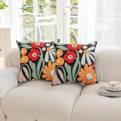 YIcabinet Pack of 2 Throw Pillow Covers,Colorful Flowers Embroidered Pillow Case Soft Decorative Pillowcases for Home Sofa Couch 18x18 Inch - color: Black16