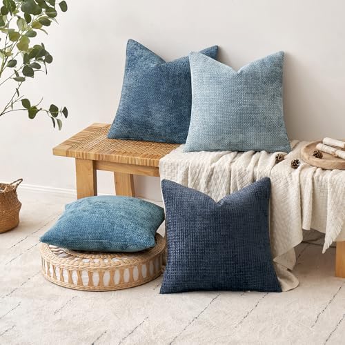 MIULEE Pack of 4 Couch Throw Pillow Covers 16x16 Inch Neutral Blue Soft Decorative Chenille Pillow Covers Farmhouse Accent Cushion Covers for Boho Western Spring Coastal Decor Sofa Bed Living Room - color: Neutral Blue, size: 16" x 16" (Pack of 4)