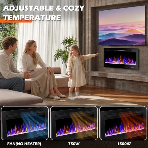 BETELNUT 36" Electric Fireplace Wall Mounted and Recessed with Remote Control, 750/1500W Ultra-Thin Wall Fireplace Heater W/Timer Adjustable Flame Color and Brightness, Log Set & Crystal Options - size: 36 Inch