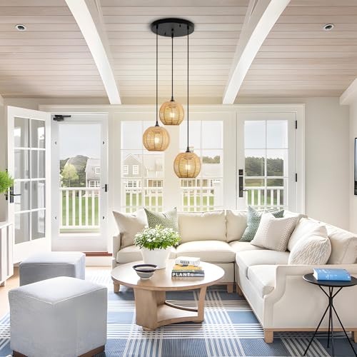 Round 3 Light Boho Pendant Light Rattan Hanging Lamp Hand Woven Wicker Small Chandelier Hanging Lights Fixture for Bedroom Kitchen Hallway Foyer - size: Round 3 Lights