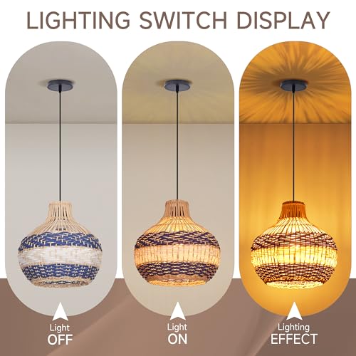 9.8" Rattan Woven Pendant Light, Adjustable Coastal Lamp Shade, Farmhouse Small Chandelier Vintage Hanging Lighting Fixture for Kitchen Island Bedroom Dining Living Room