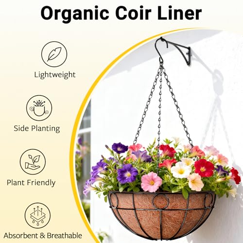ZeeDix 2 Pack Round Hanging Baskets for Plants Outdoor, 12 Inch Metal Wire Planter Basket with Coco Liner, Hanging Flower Pots for Garden Yard Patio Porch Balcony Decor - size: 12 Inch