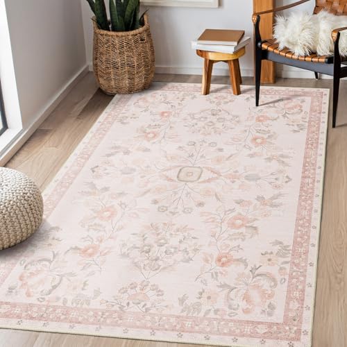 MUJOO 3x5 Rug Washable,Pink Floral Area Rugs for Bedroom Bedside Entryway Living Room Kitchen,Boho Small Indoor Floor Rug Non Slip Throw Carpet Low Pile Vintage - color: Pink, size: 3' x 5' (Rectangular)
