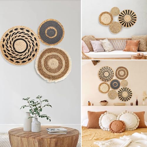 7 Pack Boho Wall Basket Set, Seagrass Rattan Wicker Boho Wall Decor, hanging Woven Wall Basket Decor, Eco-Friendly Round Art for Farmhouse Bedroom Living Room Display Table Settings Kitchen Home (Black Classic)
