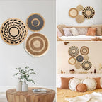 7 Pack Boho Wall Basket Set, Seagrass Rattan Wicker Boho Wall Decor, hanging Woven Wall Basket Decor, Eco-Friendly Round Art for Farmhouse Bedroom Living Room Display Table Settings Kitchen Home (Black Classic)