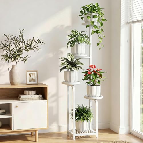 TOSKING 5 Tier Tall Plant Stand Indoor Outdoor,Anti-Tip Plant Stand indoor, Wide Base for Pots, Child and Pet Friendly,Heavy Duty Corner Shelf for Plants & Decor, Space Saving ,Tiered Metal Flower Pot Stand for Balcony, Garden, Living Room, Patio (White,