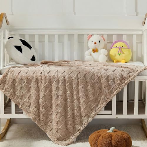 Brown Textured Checkered Baby Blanket, 330GSM Soft Plush Fleece Blanket for Crib Stroller, Cozy Decorative Giftable Home Blanket, 30x40 Inches - color: Brown, size: Throw(30"x40")