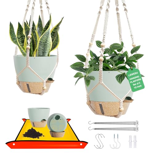 LEWESU Set of 2 Hanging Planters for Indoor Plants with Self Watering Includes Hanging Pots and 2 Types Plant Hangers, Outdoor Hanging Baskets Holder for Home Garden, 10 Inch Sage Green - color: Sage Green