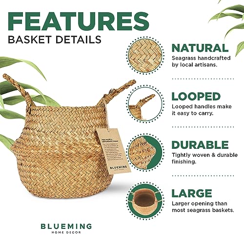 Basket Planter for Indoor Plants – 7 Inch Small Woven Wicker Pot for Olive Tree, Faux Plants, or Snake Plant, Handwoven Seagrass Basket with Handles (Original, Small) - color: Original, size: Small