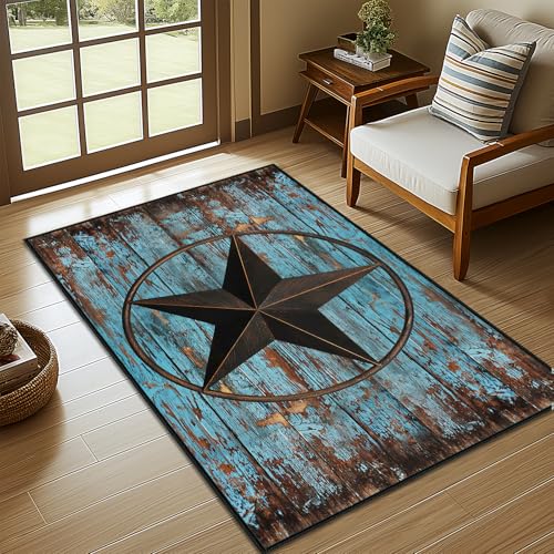 Western Area Rug 3x5,Rustic Barn Texas Star on Old Wooden Plank,Ultra-Thin Washable Throw Carpet Teal Rugs for Bedroom Indoor Vintage Rugs Non Slip Accent Floor Carpets for Entryway,Living Room,Office - size: 3'x5'
