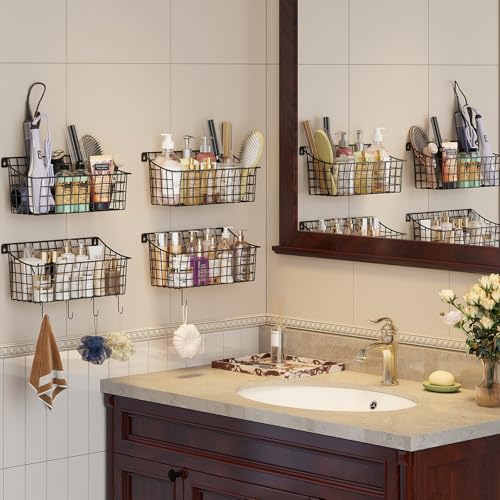 Sonyabecca 4 Pack Hanging Wall Basket for Organizing, Large Wire Basket for Storage Pantry with 5 S Hook+4 Adhesive Hook, Wall Mounted Shelf for Kitchen Bathroom - size: 13"L x 6.3"W x 6.02"H-4Pack