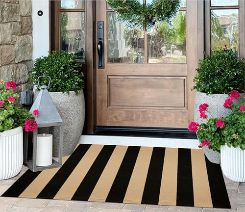 Front Porch Rug 24"x51",Black and Tan Striped Outdoor Rug Cotton Woven Washable Indoor Outdoor Doormat Farmhouse Small Area Rug for Porch/Entryway/Home Entrance Decor - color: Black Tan, size: 2' x 4'3" (Rectangular)