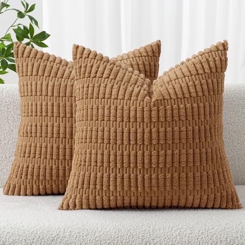 MIULEE Pack of 2 Corduroy Decorative Throw Pillow Covers 16x16 Inch Soft Boho Striped Pillow Covers Modern Farmhouse Home Decor for Sofa Living Room Couch Bed Brown - color: Brown, size: 16" x 16" (Pack of 2)