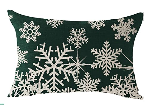 Merry Christmas Happy Winter Snowflakes Lumbar Decorative Throw Pillow Cover Cushion Case Cotton Linen Material for Holiday Bed Sofa Couch 12" x20'' (Dark Green) - color: Green Snowflake