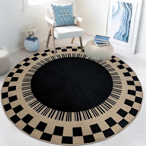 Easy Jute Checkered Rug, 5Ft Round Modern Indoor Outdoor Farmhouse Carpet, Washable Non-Slip Thin Neutral Floor Mat for Living Room Patio Kids Pets Room Playroom Home Office Kitchen, Black - color: Black Checker, size: 5'