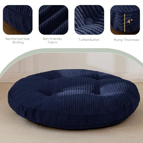 HIGOGOGO 35" Floor Pillow Cushion for Adults, Meditation Cushion Pillow, Extra Large Square Floor Sitting, Tufted Corduroy Cover for Tatami Living Room or Yoga, Navy - color: Navy, size: 4" Thick Round